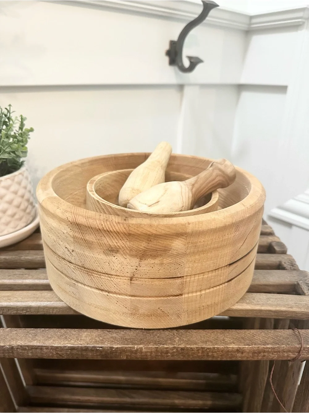 Set of 2 Natural Wood Mortar and Pestle Sets Light Wood Natural Grain Primitive